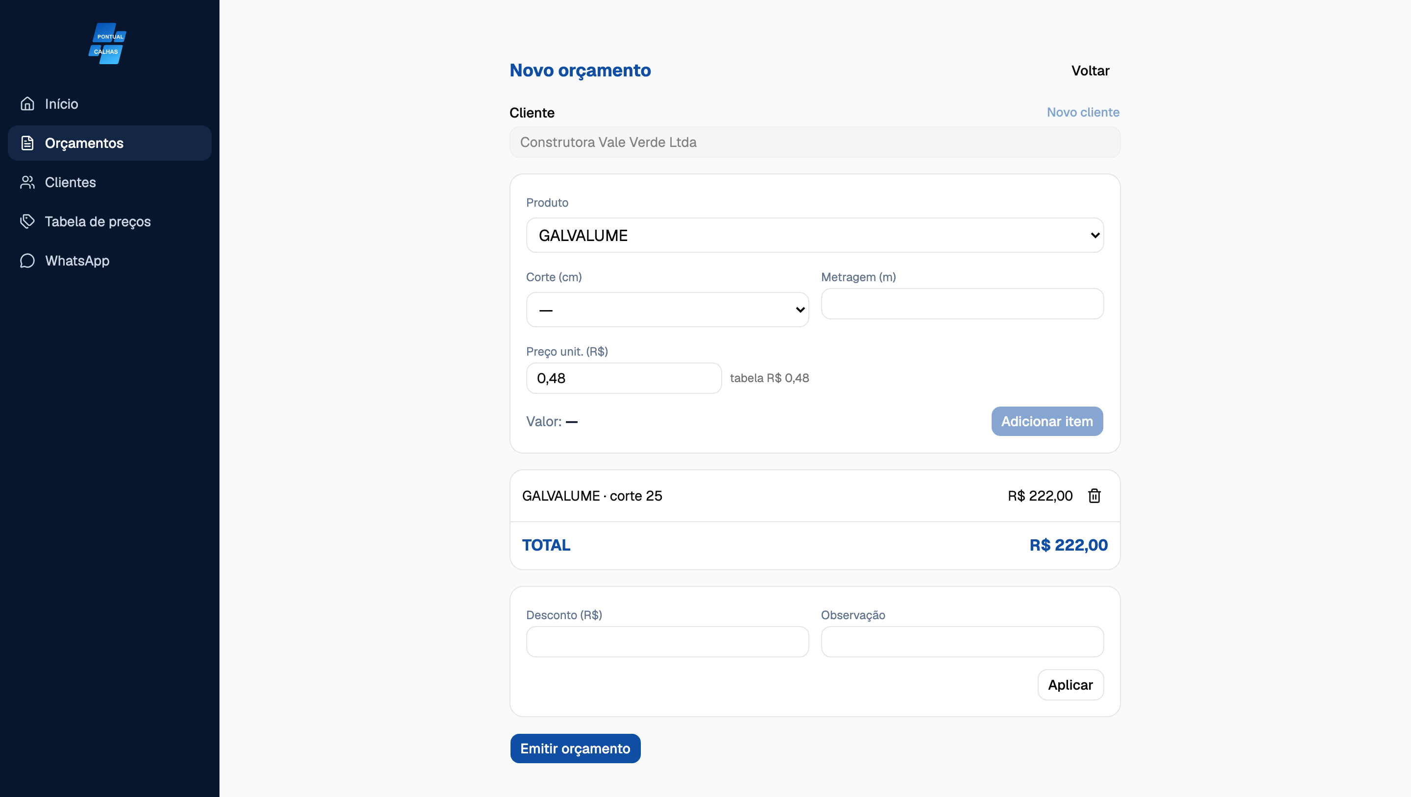 Tela de novo orçamento com item calculado automaticamente