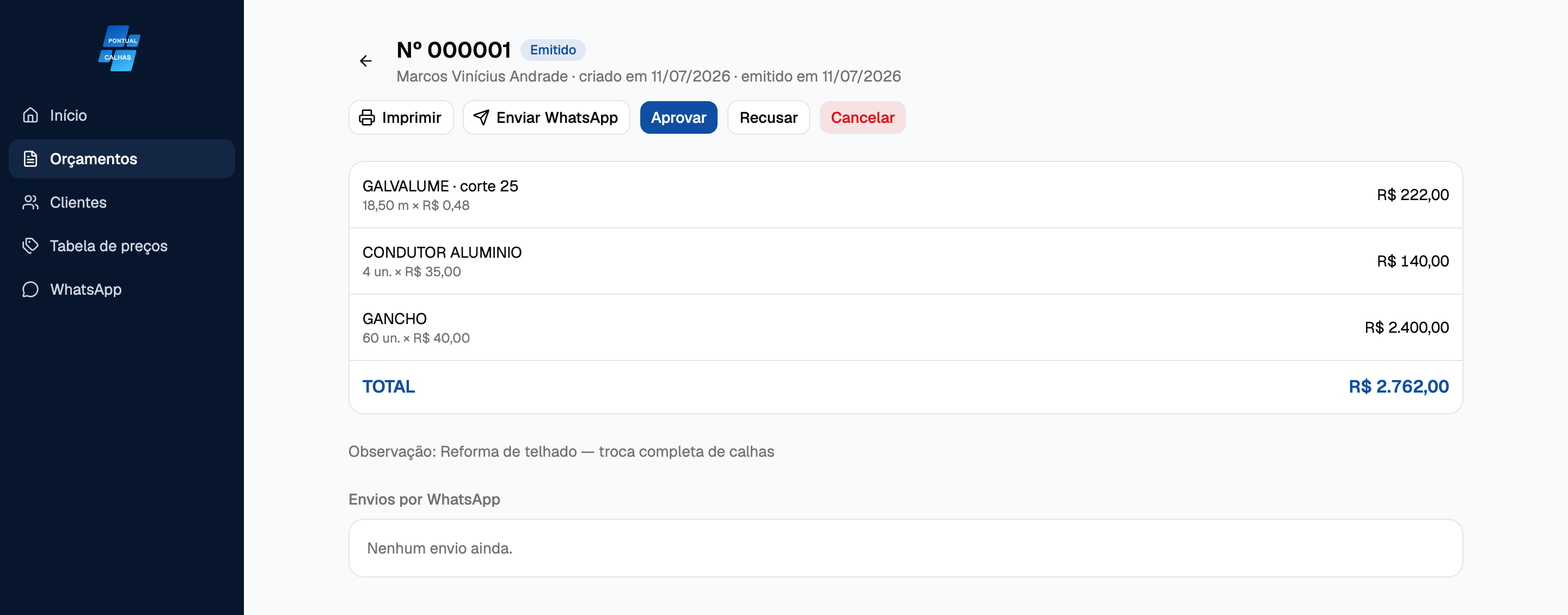 Detalhe de orçamento emitido com ações de imprimir, enviar, aprovar e recusar