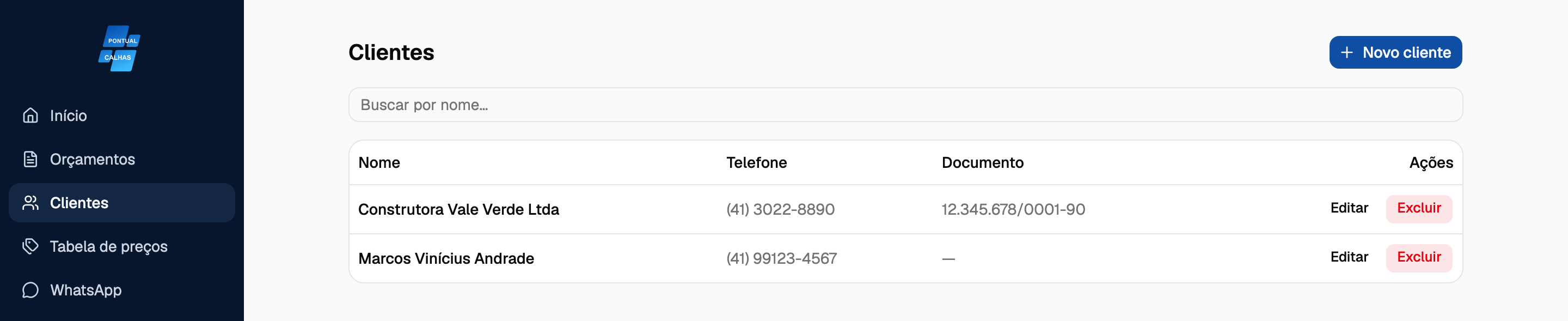 Lista de clientes cadastrados