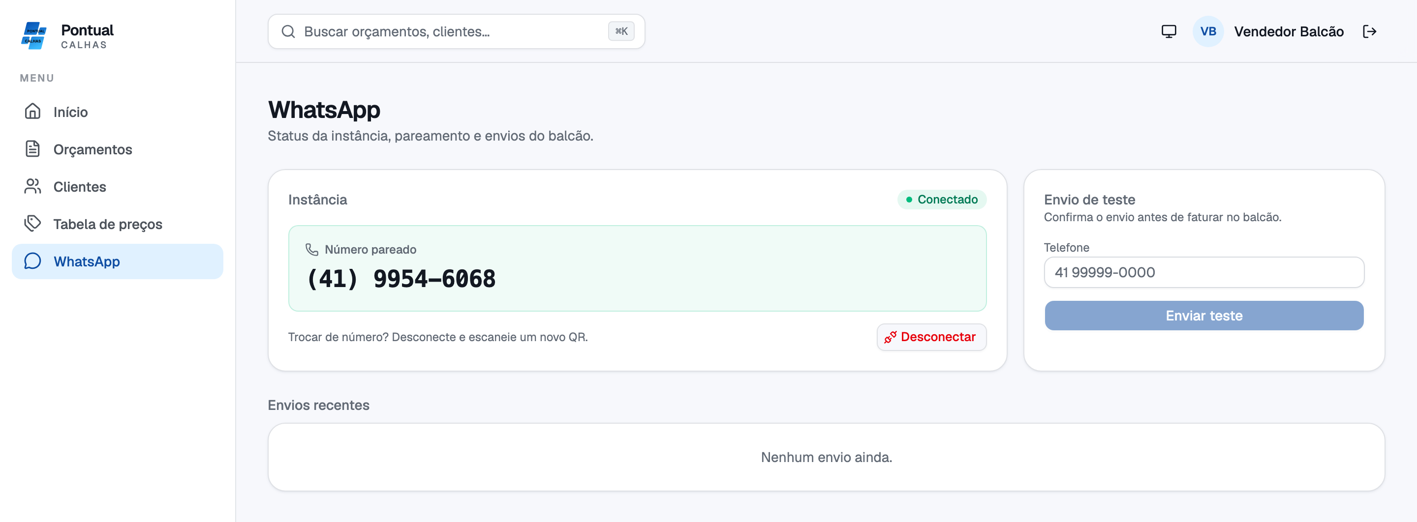 Tela de status e envio de teste do WhatsApp